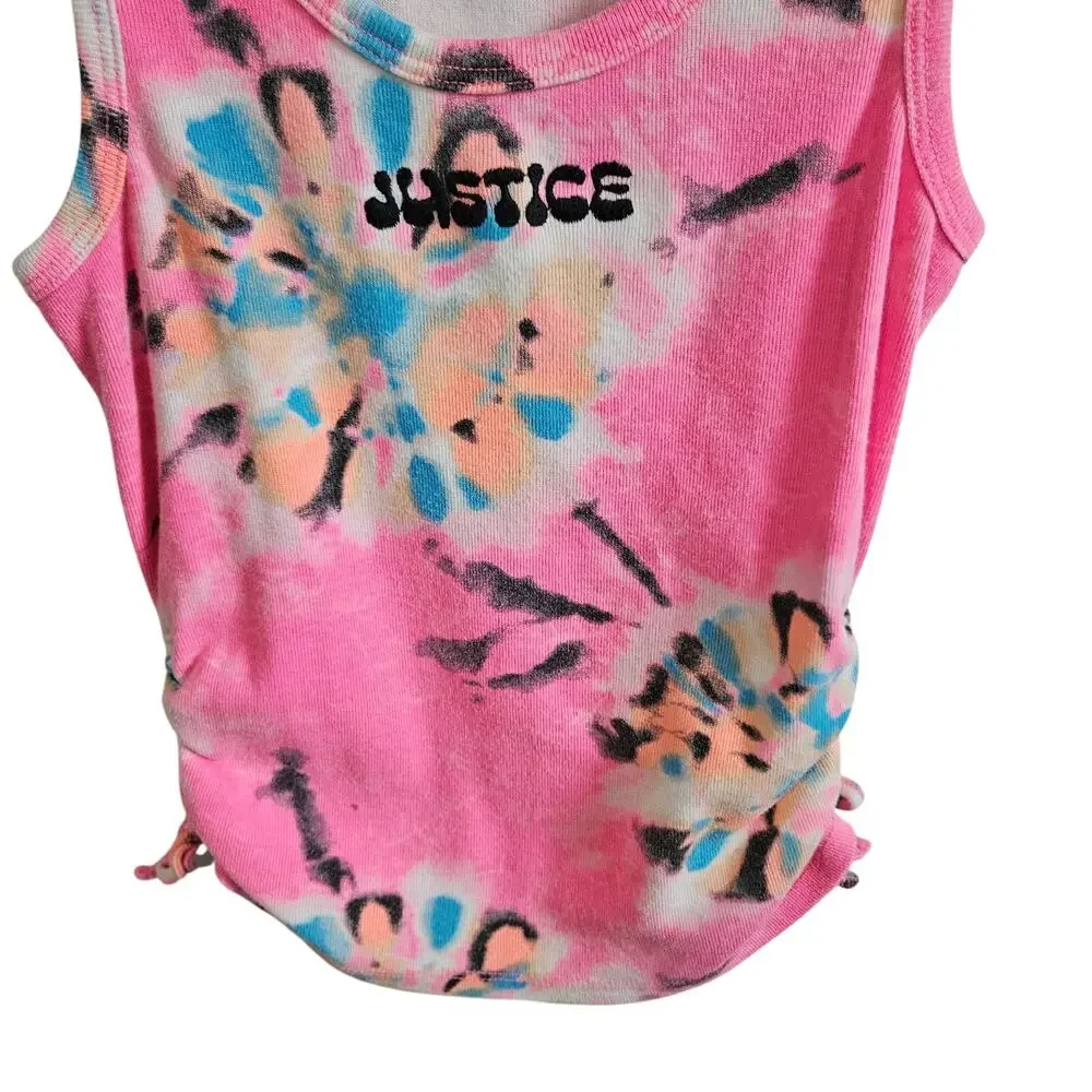 Justice Ribbed Tank Top Hot Pink Floral Tie Dye Side Cinch Summer Girls Size M